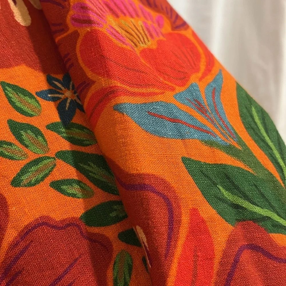 FARM RIO for Anthropologie Tropical Floral Linen Deep V Midi Dress